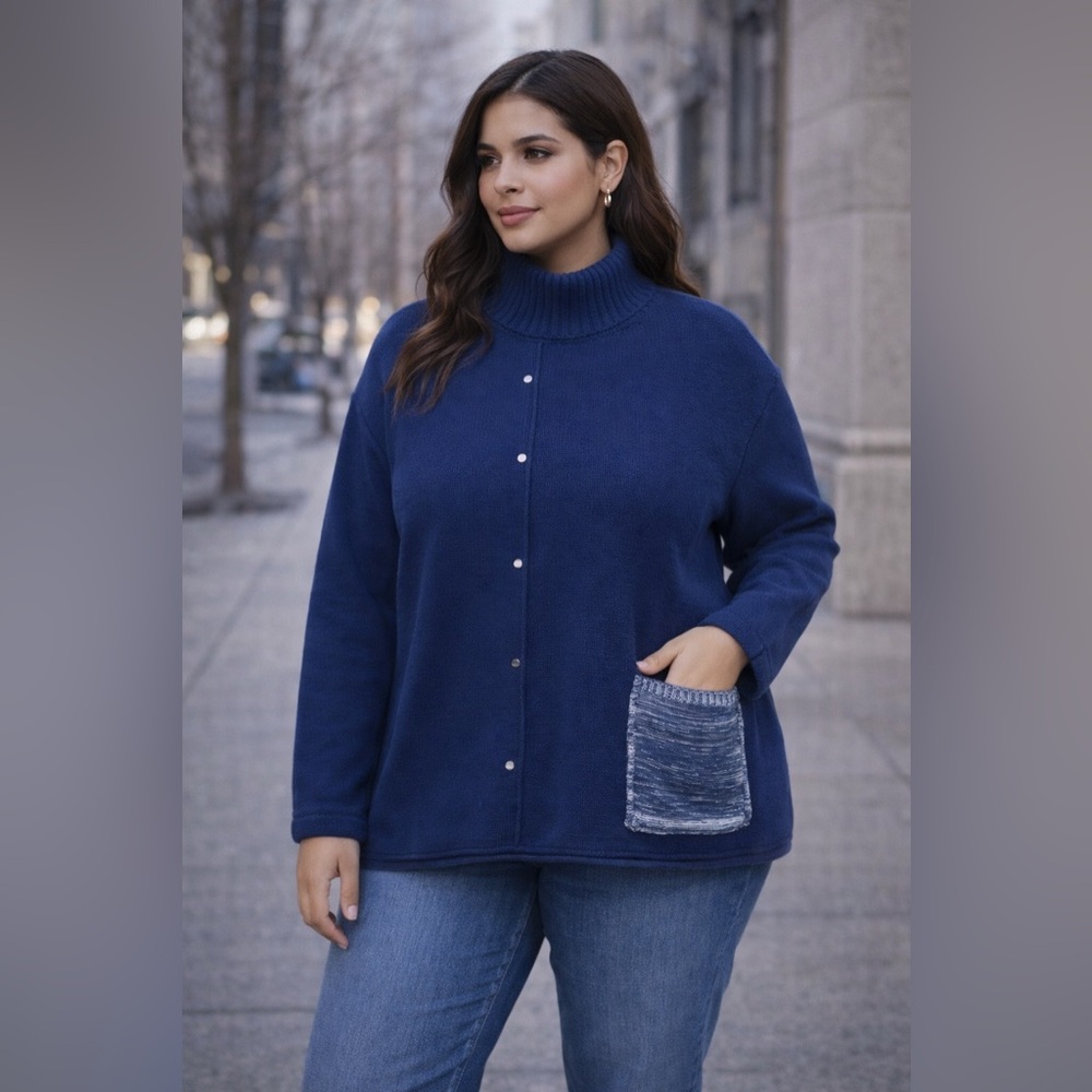 Habitat Clothes To Live In Navy‎ Blue Mock Neck Pocket Cardigan Women’s XL
